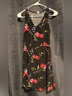Old Navy Black Midi Dress with Red Floral Print